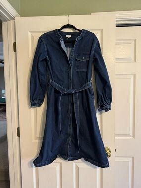 Washed Blue Denim Shirt Dress with Waist Tie